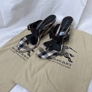 Burberry Check Canvas Wedge Buckle Sandals Women’s 38.5